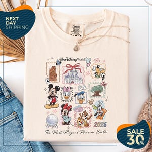 a white t-shirt with a Disney World-themed graphic, including various Disney characters and landmarks, such as Mickey Mouse, Minnie Mouse, Donald Duck, and the Eiffel Tower. The t-shirt is displayed on a white background, and there are jeans visible in the background. The image also includes text that reads "Next Day Shipping" and "SALE 30%".
