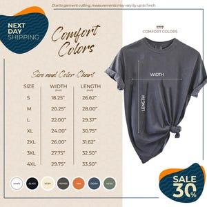 The image is a promotional advertisement for a clothing brand, featuring a gray t-shirt with measurements and color options. The ad highlights the brand's comfort colors and offers a sale of 30% off on their clothing items.
