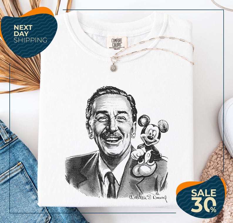 a white t-shirt with a black and white illustration of Walt Disney, holding Mickey Mouse, and a price tag.