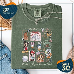 a green t-shirt with a collage of Disney characters and a text overlay that says "The Most Magical Place on Earth" and "SALE 30%".