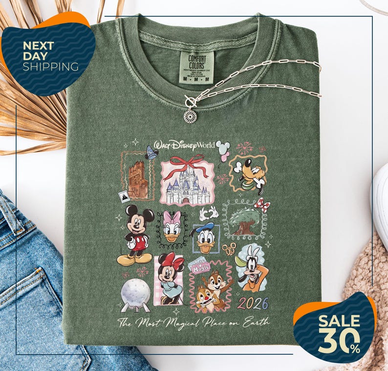 a green t-shirt with a collage of Disney characters and a text overlay that says "The Most Magical Place on Earth" and "SALE 30%".