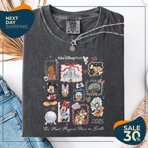 a black t-shirt with a Disney World-themed design, including various Disney characters and landmarks. The t-shirt is displayed on a white background, and there are jeans and a beige blanket visible in the background.