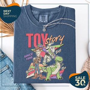 a blue t-shirt with a graphic of Woody and Buzz from Toy Story, along with the text "SINCE 1995" and "Woody & Buzz". The t-shirt is displayed on a white background, and there are jeans and a sweater visible in the background.