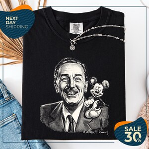 a black and white portrait of Walt Disney, with Mickey Mouse on his shoulder, and a price tag indicating a sale of 30% off.