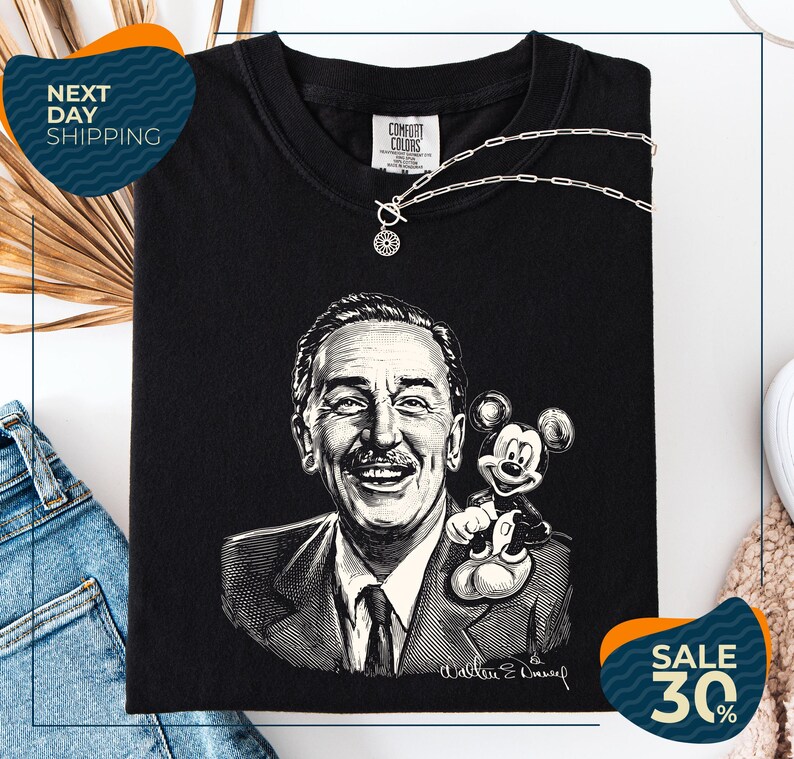 a black and white portrait of Walt Disney, with Mickey Mouse on his shoulder, and a price tag indicating a sale of 30% off.
