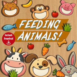 May include: A wooden background features cartoon animal faces, including a cat, monkey, pig, cow, dog, and rabbit, along with food items like a banana, apple, carrot, bone, and fish. The text "FEEDING ANIMALS!" is displayed prominently.