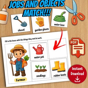 Könnte beinhalten: Lehrreiches Bild mit einem Bauern, Gartengeräten und Objekten. Der Text enthält "JOBS AND OBJECTS MATCH!!!" und "Sofort-Download". Eine Lernaktivität für Kinder, um Berufe mit den richtigen Objekten zu verbinden.