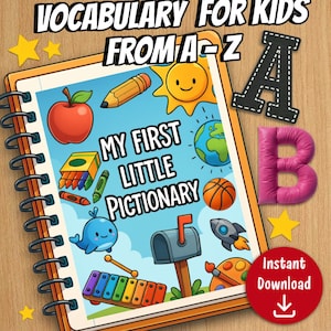 Pictionary z alfabetem, nauka słownictwa dla dzieci, rozpoznawanie liter w wieku przedszkolnym | Pobierz plik PDF, A4