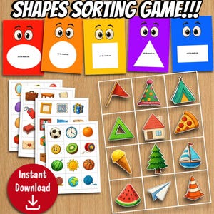 May include: A colorful shapes sorting game with cards featuring various shapes and matching images. The game includes cards with shapes like a triangle, square, and rectangle, and matching images of objects. The text "Shapes Sorting Game!!!" is at the top.