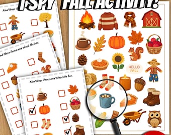 May include: An I SPY FALL ACTIVITY printable game sheet featuring illustrations of autumn items like pumpkins, leaves, a scarecrow, and a mug of cocoa. A magnifying glass is positioned over a blue mug, and checkboxes are included for tracking items.