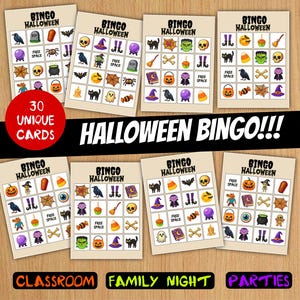 May include: Eight Halloween bingo cards featuring a grid of colorful icons including pumpkins, ghosts, witches, skulls, and bats. A red circle states 30 UNIQUE CARDS and text reads HALLOWEEN BINGO!!!, CLASSROOM, FAMILY NIGHT, and PARTIES.