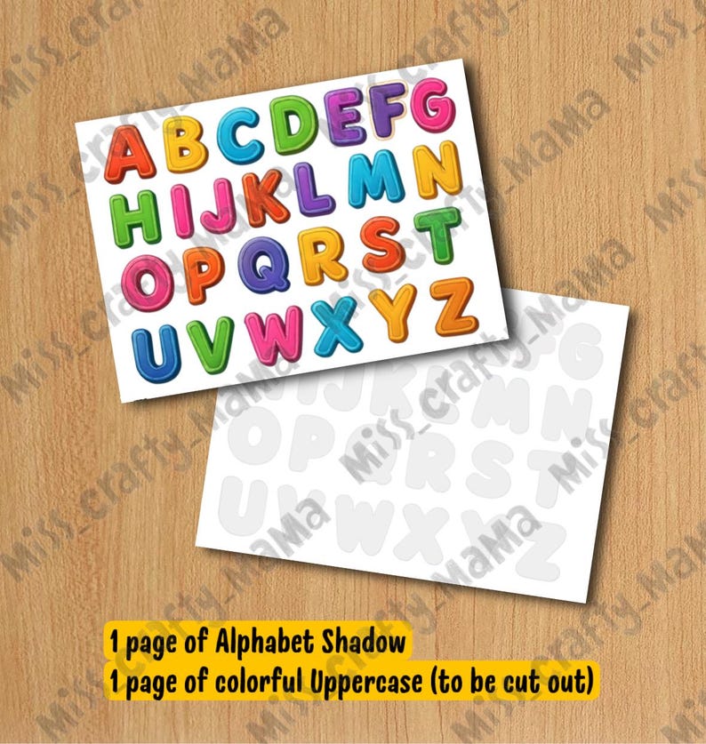 May include: A set of two sheets featuring the English alphabet in uppercase letters. One sheet displays colorful, bubble-style letters from A to Z, while the second sheet shows corresponding light gray shadow outlines for each letter.