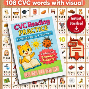 May include: A colorful educational chart with the text "108 CVC words with visual" and "CVC Reading Practice Kindergarten & Preschool". The chart includes illustrations and words for beginner readers. A red circle says "Instant Download".