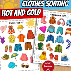 Puede incluir: Una hoja de actividades educativas imprimible titulada CLOTHES SORTING HOT AND COLD con ilustraciones coloridas de ropa de verano como vestidos, pantalones cortos y sandalias, y artículos de invierno como abrigos, botas y bufandas con iconos.