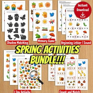 May include: A bundle of spring-themed educational activity sheets. Includes shadow matching, memory game, beginning letter/sound, I spy activity, and count and match games. Features colorful illustrations of flowers, insects, and other spring elements. The text "SPRING ACTIVITIES BUNDLE!!!" is displayed.