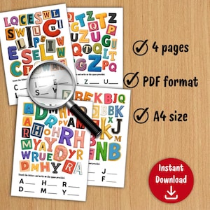 Puede incluir: Cuatro hojas de trabajo educativas con letras coloridas y el texto "Cuenta las letras y escribe en el espacio provisto". Una lupa descansa sobre las hojas de trabajo. La imagen también incluye el texto "4 páginas", "Formato PDF", "Tamaño A4" y "Descarga instantánea".