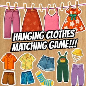 Pode incluir: Uma ilustração digital para um HANGING CLOTHES MATCHING GAME com várias peças de vestuário, como calças cor-de-rosa, uma saia vermelha com flores, uma camisola sem mangas rosa, um vestido laranja com flores, camisas, calções, jardineiras, um chapéu amarelo e uma meia às riscas.