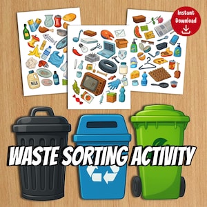 Könnte beinhalten: Eine farbenfrohe Illustration für eine Müllsortieraktivität. Das Bild zeigt drei verschiedene Mülltonnen: schwarz, blau und grün. Über den Behältern befinden sich drei Karten mit verschiedenen illustrierten Gegenständen. Der Text "WASTE SORTING ACTIVITY" wird unten angezeigt.