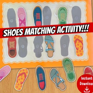 Puede incluir: Un juego de emparejar zapatos sobre un tablero rectangular naranja con ilustraciones de calzado variado, incluyendo bailarinas rosas, zapatillas azules, deportivas verdes, sandalias y chanclas naranjas, con el texto SHOES MATCHING ACTIVITY.