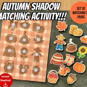 Op de afbeelding: Een herfstschaduw-matching activiteitenset met een rechthoekig bord met een licht oranje ruitpatroon en twaalf donkerbruine silhouetten. De set bevat twaalf kleurrijke uitsparingen van seizoensgebonden items zoals een pompoen, eekhoorn en zonnebloem.