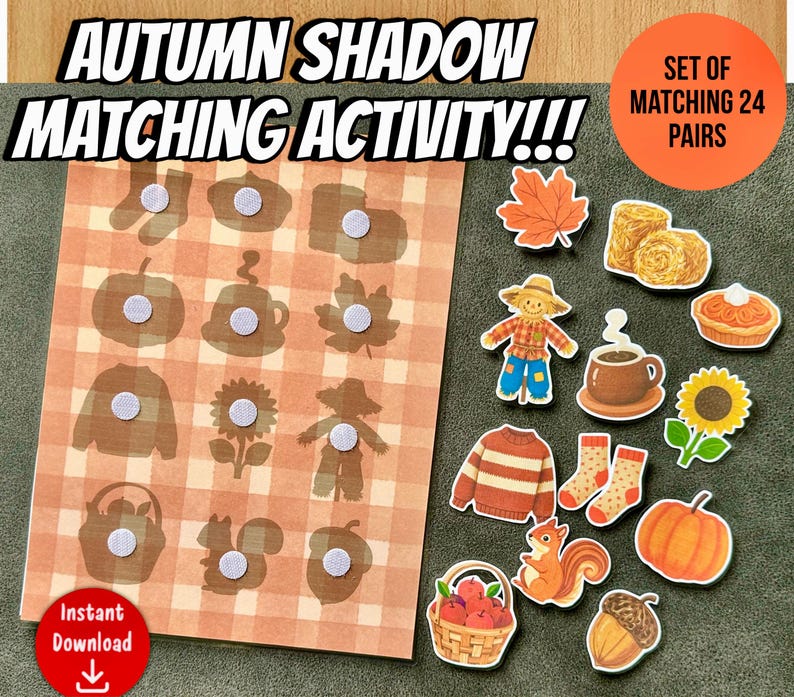 May include: An autumn shadow matching activity set featuring a rectangular board with a light orange plaid pattern and twelve dark brown silhouettes. The set includes twelve colorful cutouts of seasonal items like a pumpkin, squirrel, and sunflower.