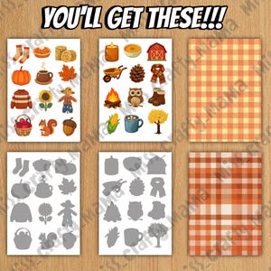 May include: A collection of six rectangular sheets featuring autumn-themed illustrations, silhouettes, and plaid patterns. The text YOU'LL GET THESE!!! is displayed at the top. The designs include pumpkins, leaves, owls, and seasonal items.
