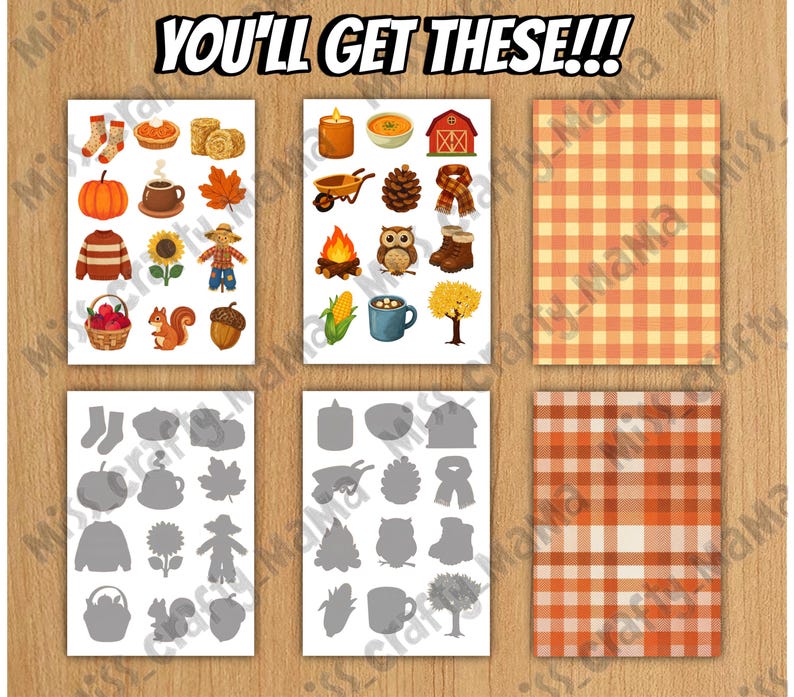 May include: A collection of six rectangular sheets featuring autumn-themed illustrations, silhouettes, and plaid patterns. The text YOU'LL GET THESE!!! is displayed at the top. The designs include pumpkins, leaves, owls, and seasonal items.