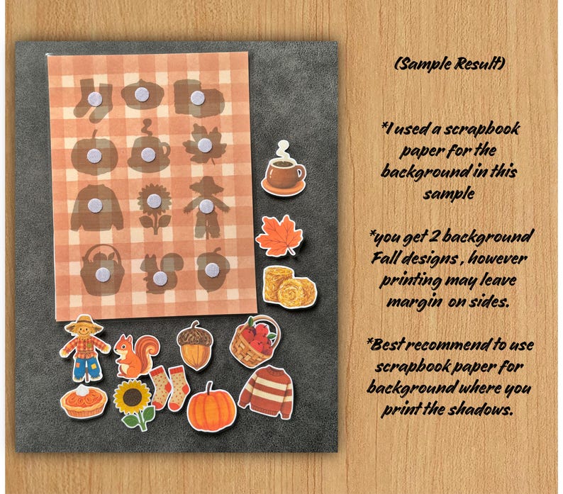 May include: A set of autumn-themed stickers featuring a scarecrow, squirrel, acorn, basket of apples, pumpkin, sunflower, sweater, socks, pie, and coffee mug, displayed alongside a plaid background sheet with corresponding shadow silhouettes.