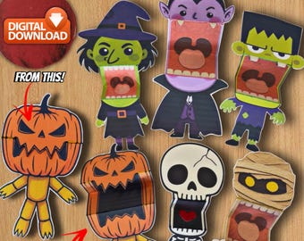 May include: A collection of Halloween paper puppets featuring a witch, vampire, Frankenstein monster, pumpkin, skeleton, and mummy. The puppets have folding mouths that reveal internal designs. Text includes HALLOWEEN PAPER PUPPETS!!! and DIGITAL DOWNLOAD.