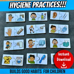 Könnte beinhalten: Ein Set aus pädagogischen Puzzlekarten mit der Aufschrift HYGIENE PRACTICES!!!, die tägliche Routinen wie Händewaschen, Zähneputzen, Duschen und Taschentuchgebrauch zeigen. Jedes Paar verbindet eine Person mit einem passenden Hygieneartikel.