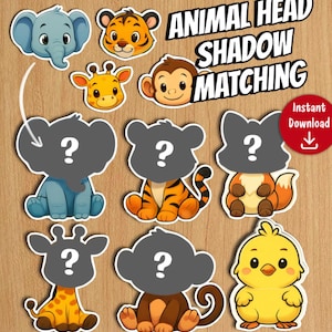 May include: A colorful animal head shadow matching game with an elephant, tiger, giraffe, monkey, fox, and chick. The game includes animal heads and matching shadows. The text "ANIMAL HEAD SHADOW MATCHING" is displayed at the top.
