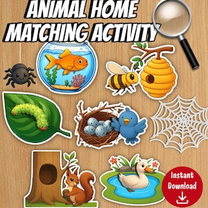 Puede incluir: Un conjunto de pegatinas con temática de animales para una actividad de emparejamiento. Incluye un pez dorado, una abeja, un pájaro, una araña, una oruga, una ardilla, un pato, un nido con huevos, una colmena y una telaraña. El texto "ANIMAL HOME MATCHING ACTIVITY" está en la parte superior.