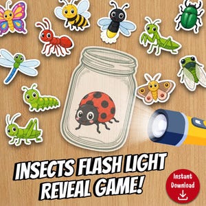 May include: A collection of colorful insect stickers, including a ladybug in a jar, a butterfly, a bee, and a dragonfly. The image features the text "INSECTS FLASH LIGHT REVEAL GAME!" and a red "Instant Download" button.