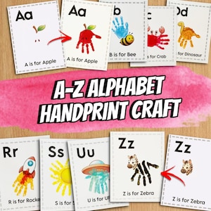 Könnte beinhalten: Alphabetkarten mit Handabdruck-Kunst. Die Karten zeigen Buchstaben A bis Z, jeder Buchstabe wird von einem Handabdruck-Bild begleitet, das ein Objekt darstellt. Der Text "A-Z ALPHABET HANDPRINT CRAFT" ist im Bild zu sehen.