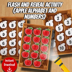 Puede incluir: Una actividad educativa digital titulada FLASH AND REVEAL ACTIVITY (APPLE ALPHABET AND NUMBERS) con tres cajas de madera llenas de recortes en forma de manzana blancos y rojos que muestran las letras de la A a la Z y los números del 1 al 10.