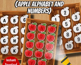 May include: A digital educational activity titled FLASH AND REVEAL ACTIVITY (APPLE ALPHABET AND NUMBERS) featuring three wooden crates filled with white and red apple-shaped cutouts displaying letters A through Z and numbers 1 through 10.