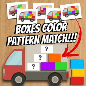 May include: A colorful educational game featuring a red truck with a gray cargo area. The game includes matching colored blocks to the truck's cargo area. The text "BOXES COLOR PATTERN MATCH!!!" is displayed above the truck.