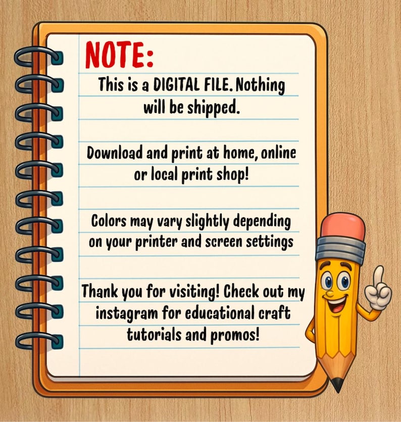 May include: A spiral-bound notepad with an orange border and white lined paper. The text reads: NOTE: This is a DIGITAL FILE. Nothing will be shipped. Download and print at home, online or local print shop! Colors may vary. Thank you for visiting!