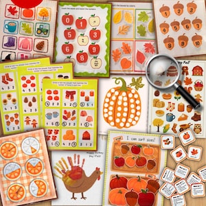 Pode incluir: Uma coleção de fichas educativas e modelos de artesanato intitulada Fall Activities Bundle com mais de 90 páginas. As páginas apresentam ilustrações com temas de outono, incluindo abóboras, bolotas, folhas e perus, com tarefas de contagem.