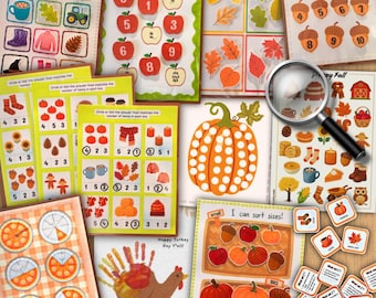May include: A collection of educational worksheets and craft templates titled Fall Activities Bundle with 90+ pages. The pages feature autumn-themed illustrations including pumpkins, acorns, leaves, and turkeys, with counting, sorting, and matching tasks.
