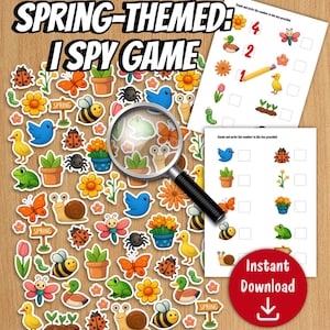 Può includere: Un gioco primaverile "I Spy" con adesivi colorati di fiori, farfalle, api, uccelli e altri elementi primaverili. Il gioco include una lente d'ingrandimento e fogli stampabili per contare e identificare gli oggetti. Il testo "Download istantaneo" è visibile.