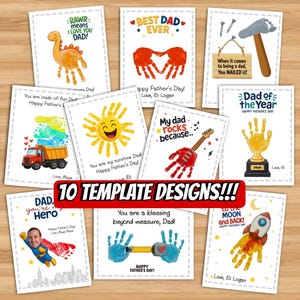 May include: A collection of ten Father's Day card designs. The cards feature handprint art, dinosaur, sun, guitar, and rocket ship illustrations. Text includes phrases like "Best Dad Ever" and "Happy Father's Day!"