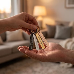 May include: A selection of keyrings with engraved messages. The keyrings are in various colours, including black, gold, and rose gold. The messages include phrases such as "Drive Safe" and "I love you to the moon and back."