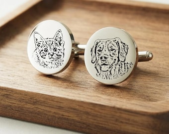 Gemelos personalizados de oro macizo de 9 quilates con retrato de mascota, accesorio formal con foto grabada de perro o gato.