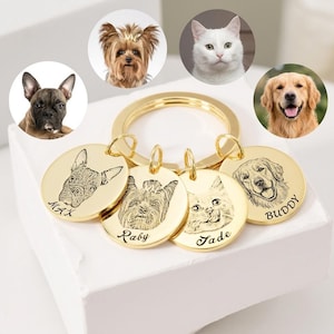 Custom Pet Portrait Keychain, Personalized Gold Pet Memorial Keyring