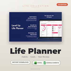 Planificador de vida Level Up, registro de hábitos + establecimiento de objetivos + revisión anual, sistema de planificación anual de desarrollo personal en Google Sheets