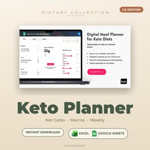 Könnte beinhalten: Ein digitaler Keto-Essensplaner auf einem Laptop-Bildschirm. Das Bild enthält den Text "Digital Meal Planner for Keto Diets" und "Keto Planner". Der Planer bietet Abschnitte für die tägliche, wöchentliche und monatliche Verfolgung.