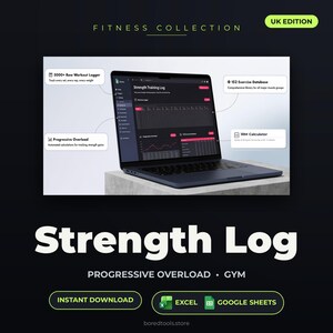 May include: A laptop displaying a "Strength Training Log" interface, part of the "Fitness Collection." The screen shows data visualizations and options for workout tracking, including a 5000+ workout logger, progressive overload calculations, and an exercise database. The text "Instant Download" is visible.
