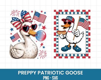 Patriotic Goose PNG SVG, 4th of July Preppy Goose, American Duck, Cute Goose Sublimation, Girly Patriotic PNG, Silly Goose, Coquette Goose