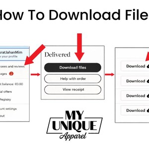 May include: Diagram illustrating how to download files. The image shows a step-by-step process, starting with 'Purchases and reviews,' then 'Download files,' and finally, the 'Download' button. The text 'My Unique Apparel' is at the bottom.